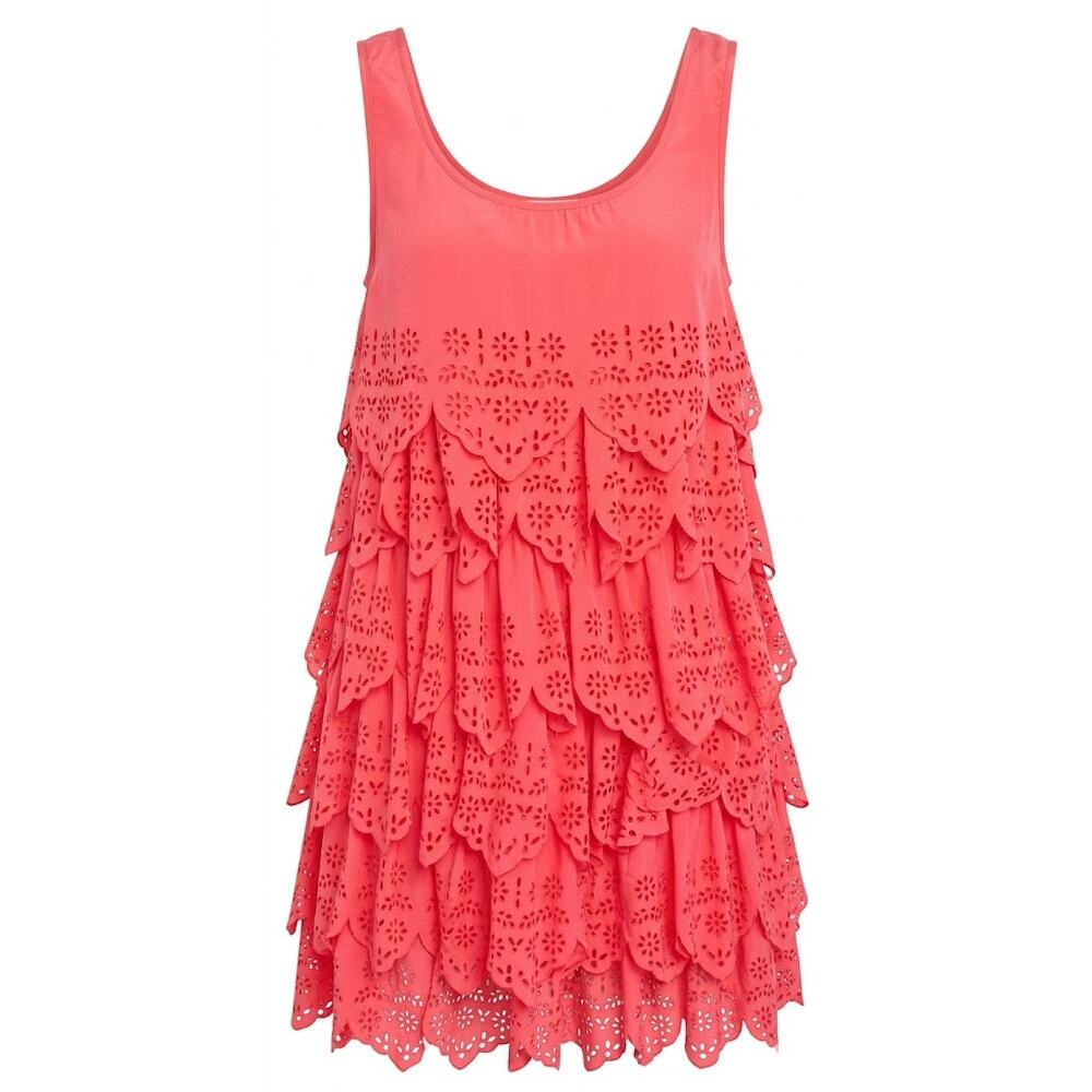 RU APPAREL Coral Pink Eyelet Tiered Scalloped Layered Boho Mini Dress
